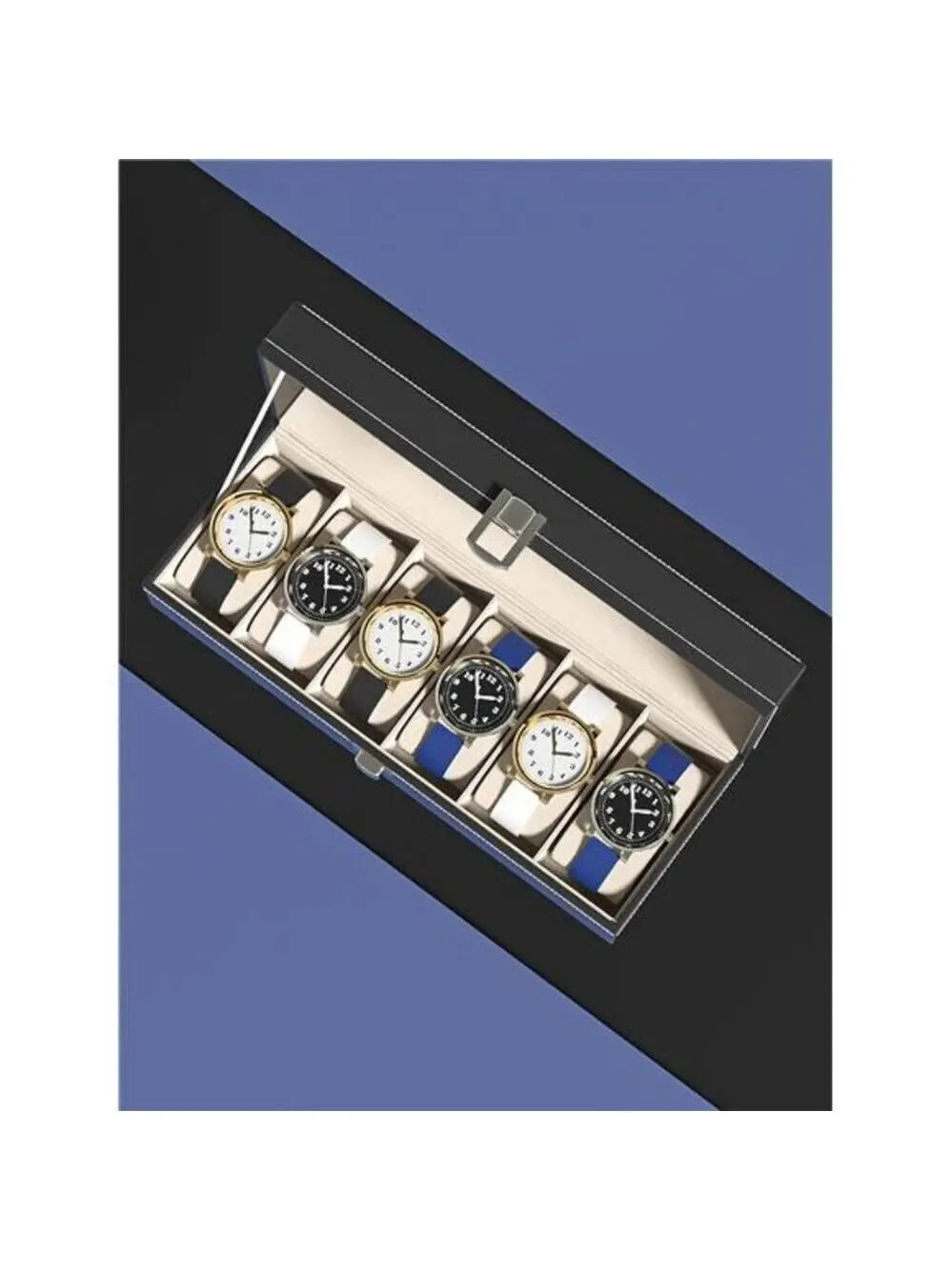 Black Leather Watch Display Box Organizer Case with Glass Lid 6 Slot Storage
